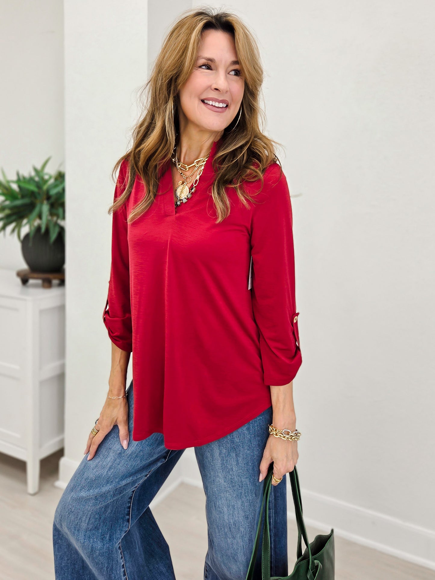 Ruffled Collar Lizzy 3/4 Sleeve Lightweight Blouse-A