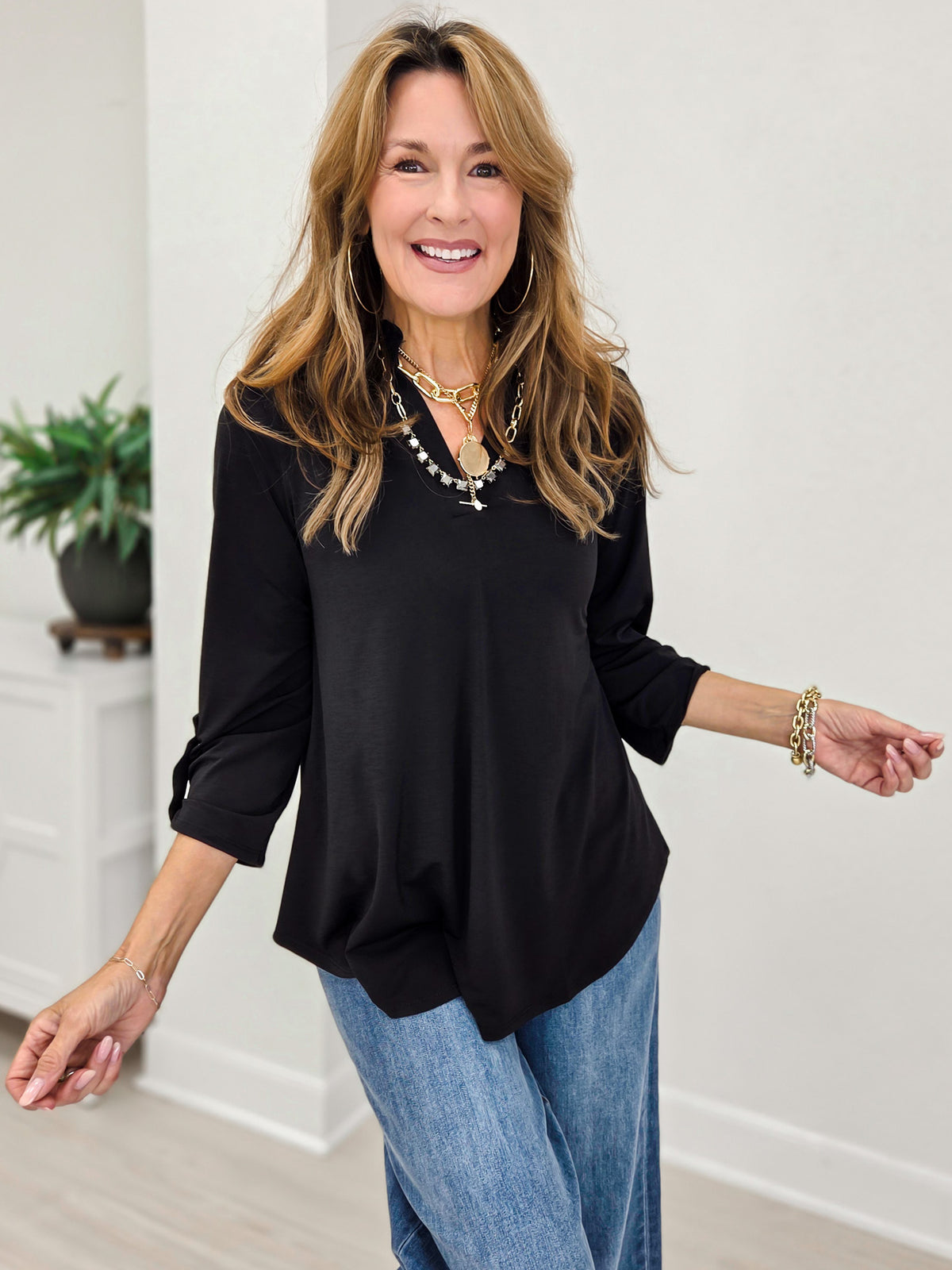 Ruffled Collar Lizzy 3/4 Sleeve Lightweight Blouse-Black