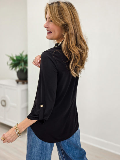 Ruffled Collar Lizzy 3/4 Sleeve Lightweight Blouse-Black