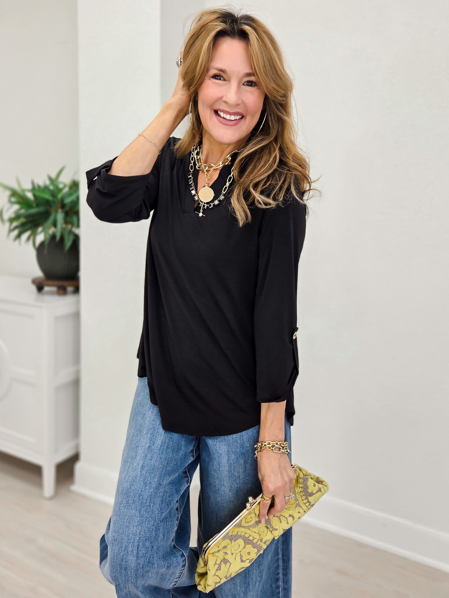 Ruffled Collar Lizzy 3/4 Sleeve Lightweight Blouse-Black