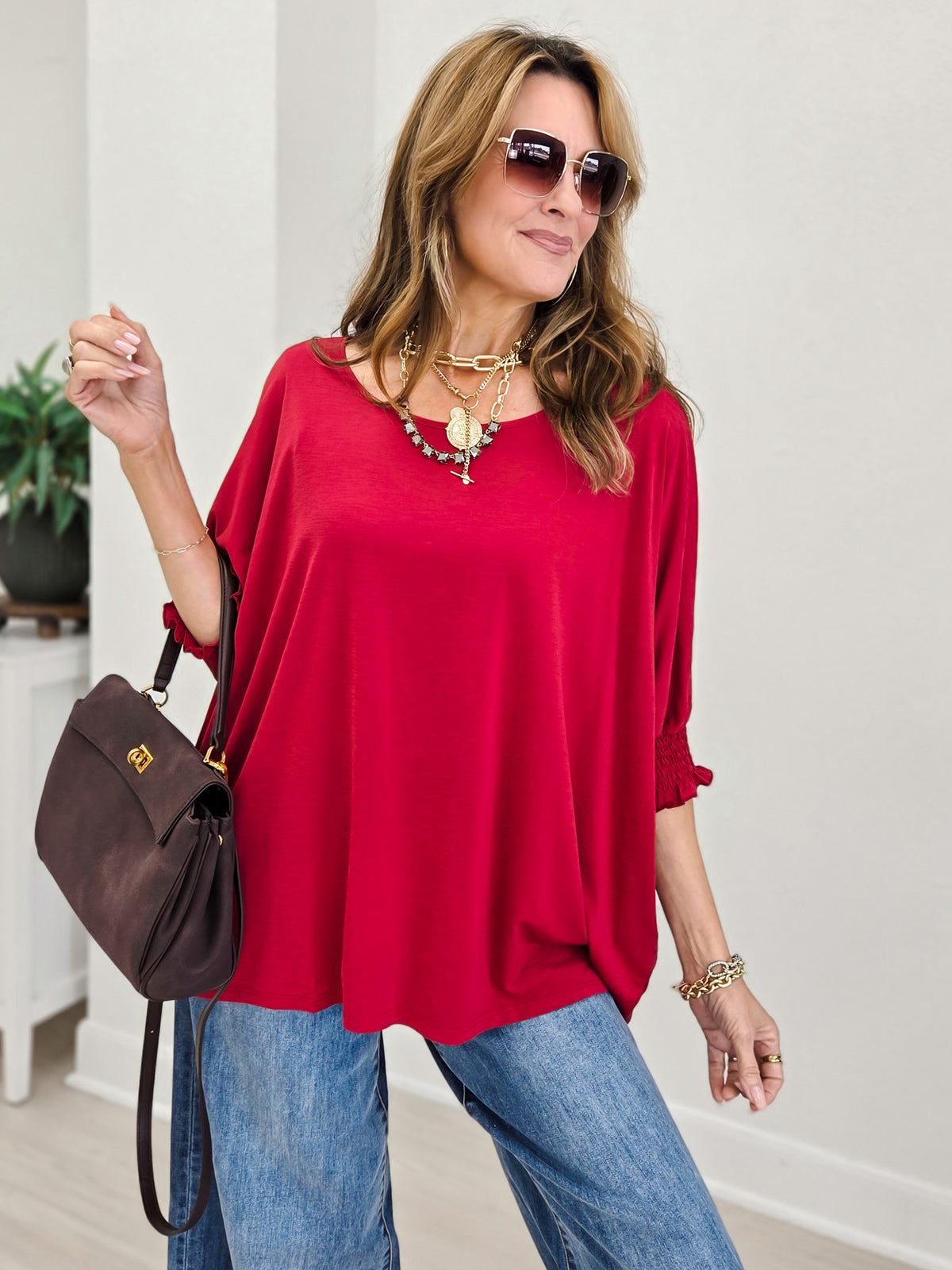 Jewel Red Oversized Poncho Blouse