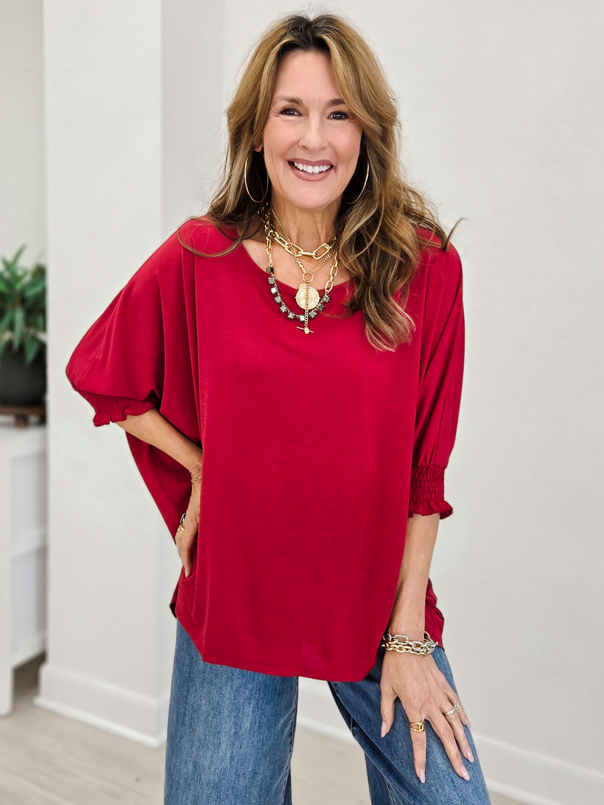 Jewel Red Oversized Poncho Blouse
