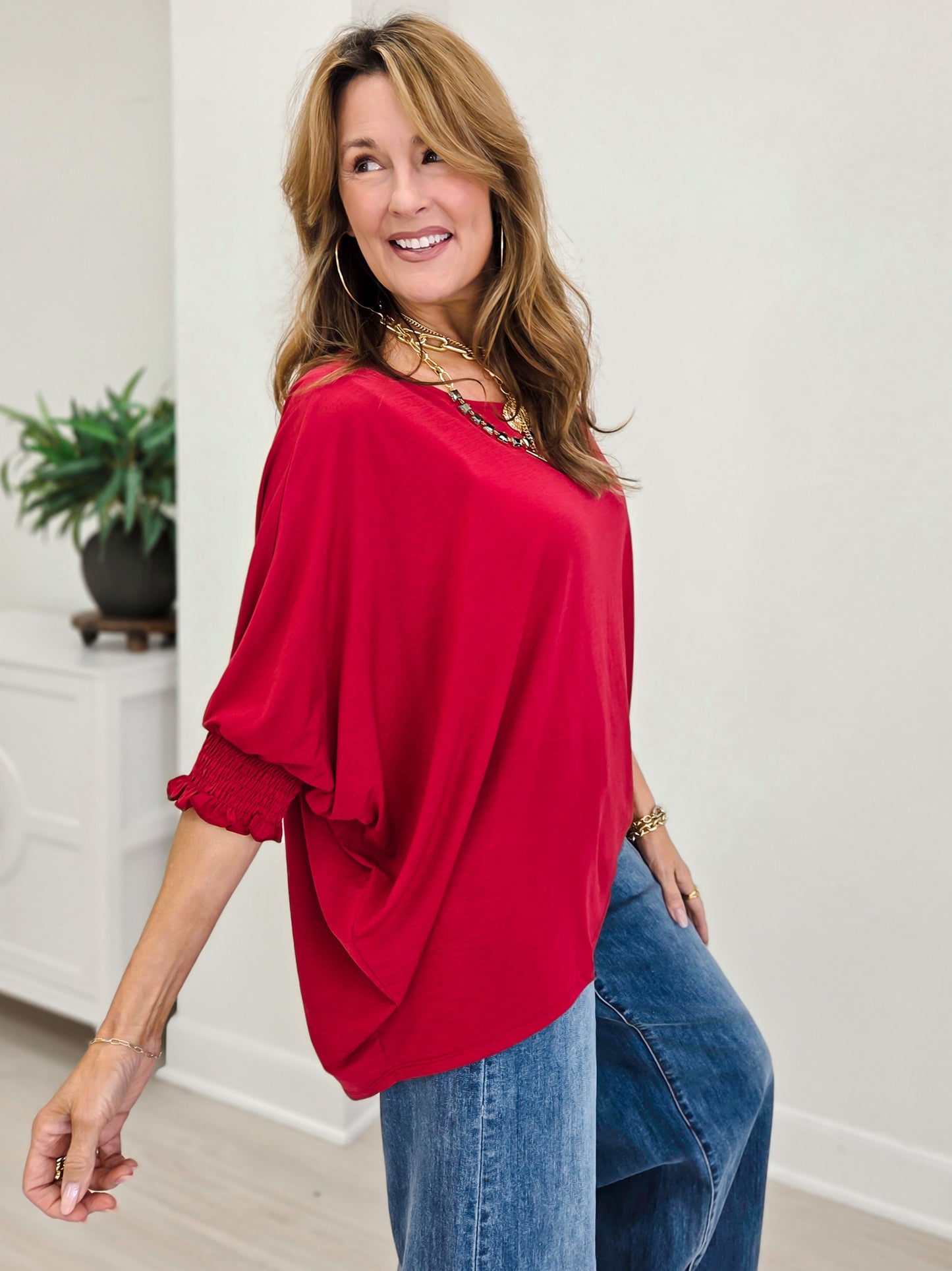 Jewel Red Oversized Poncho Blouse