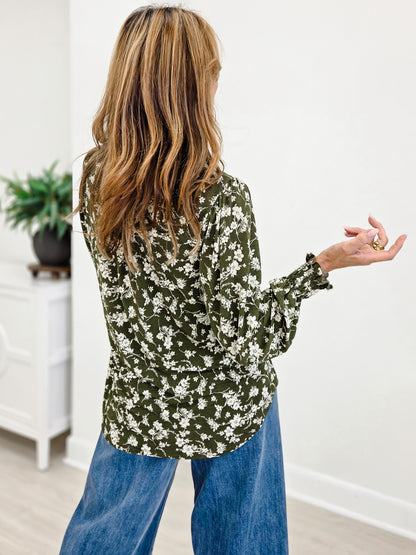 Olive Floral Smocked Long Sleeve Lizzy Blouse Top