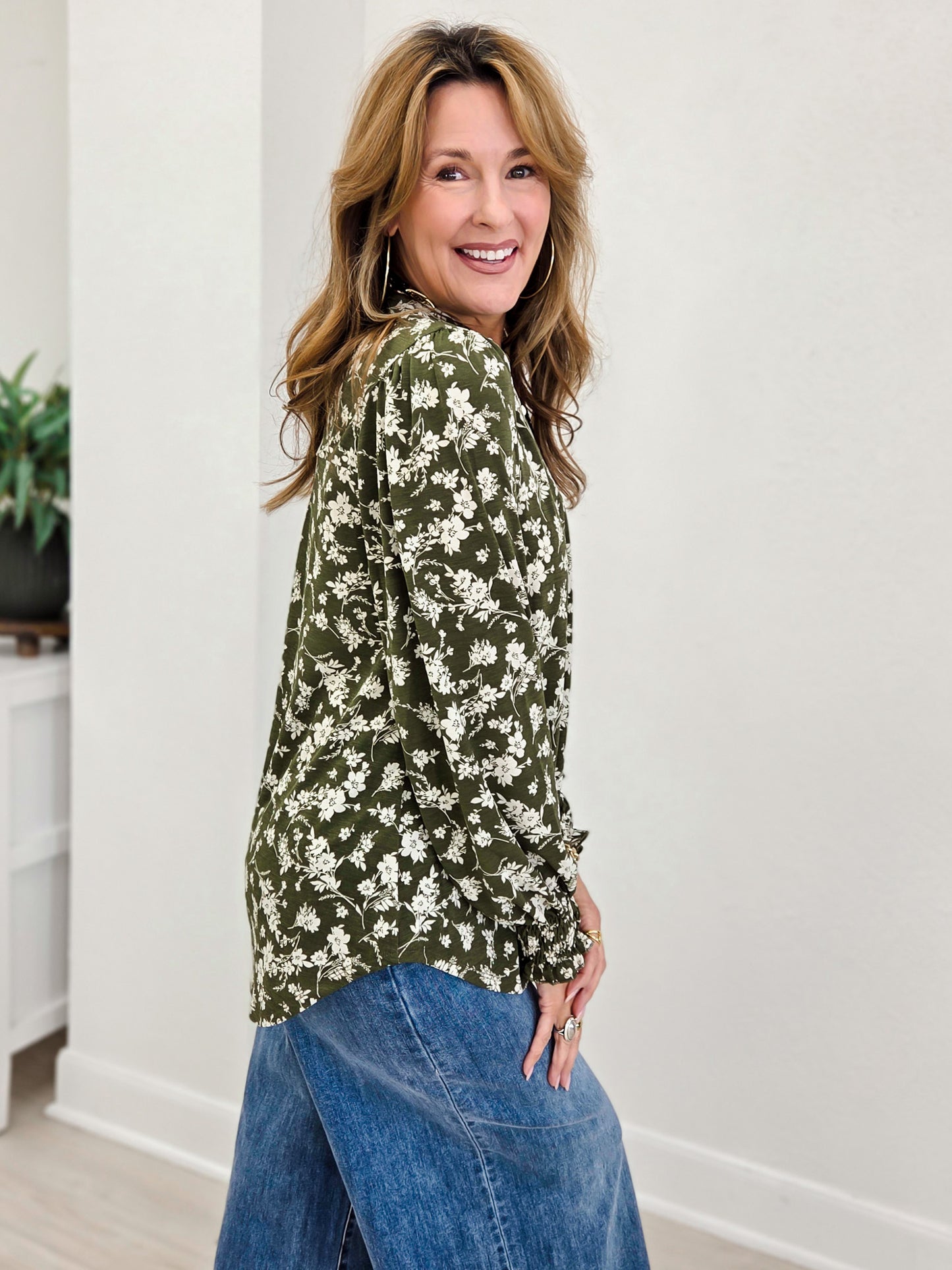 Olive Floral Smocked Long Sleeve Lizzy Blouse Top