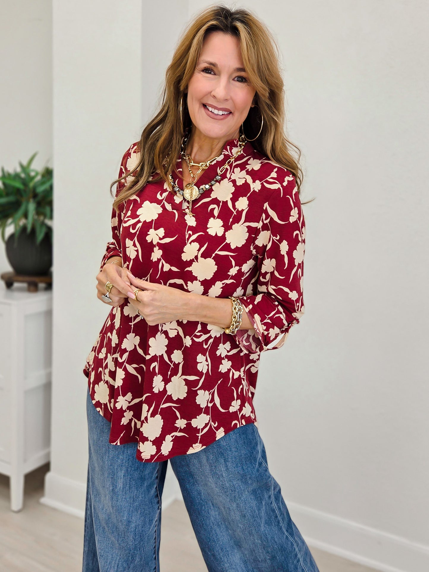Burgundy Floral Ruffled Collar Lizzy 3/4 Sleeve Lightweight Blouse