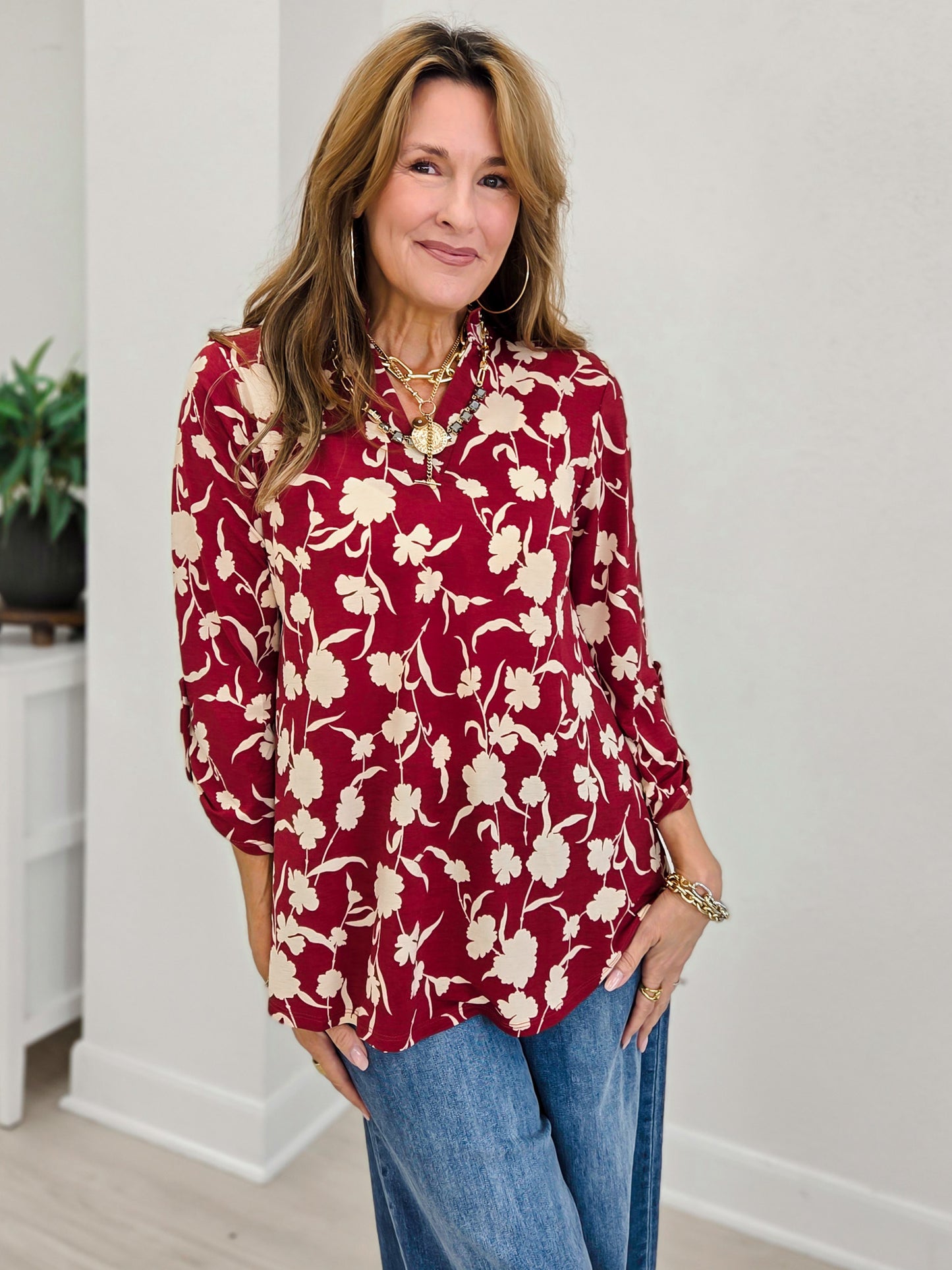 Burgundy Floral Ruffled Collar Lizzy 3/4 Sleeve Lightweight Blouse