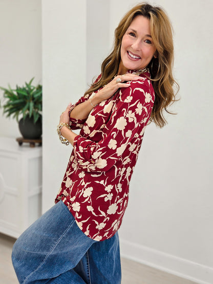 Burgundy Floral Ruffled Collar Lizzy 3/4 Sleeve Lightweight Blouse