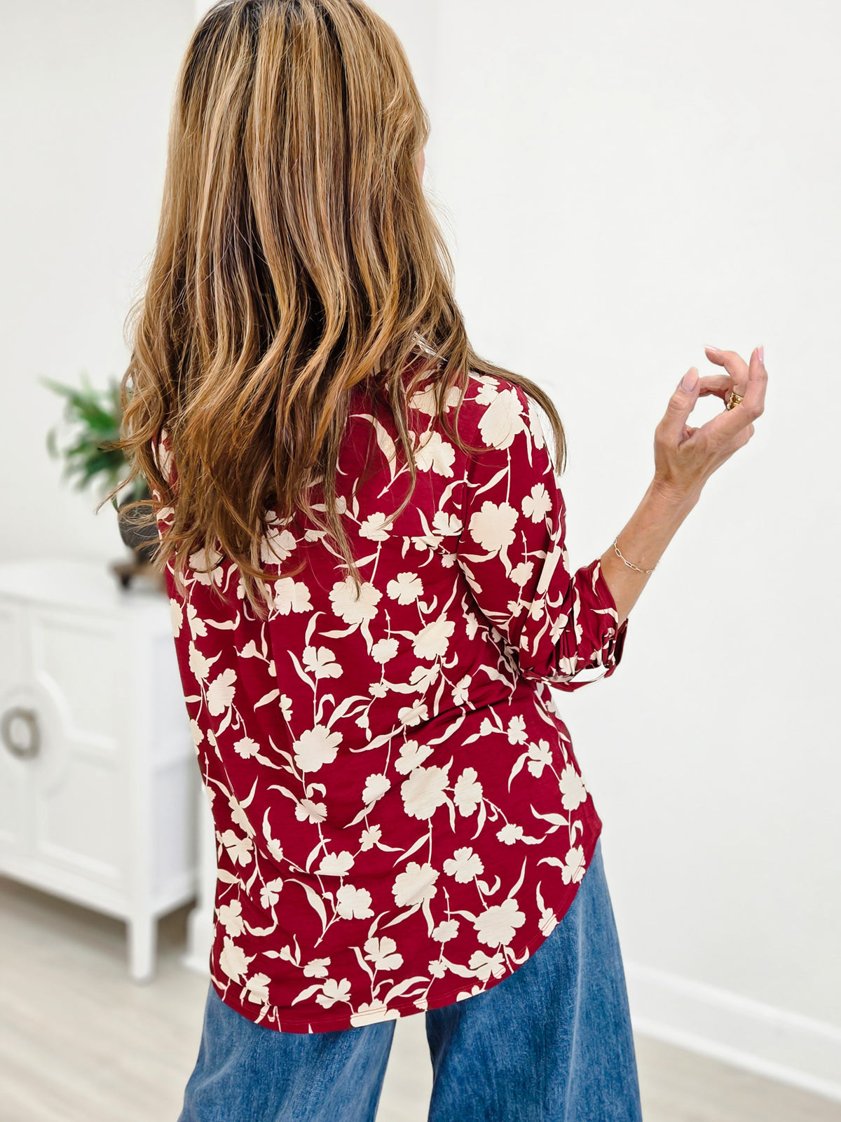 Burgundy Floral Ruffled Collar Lizzy 3/4 Sleeve Lightweight Blouse