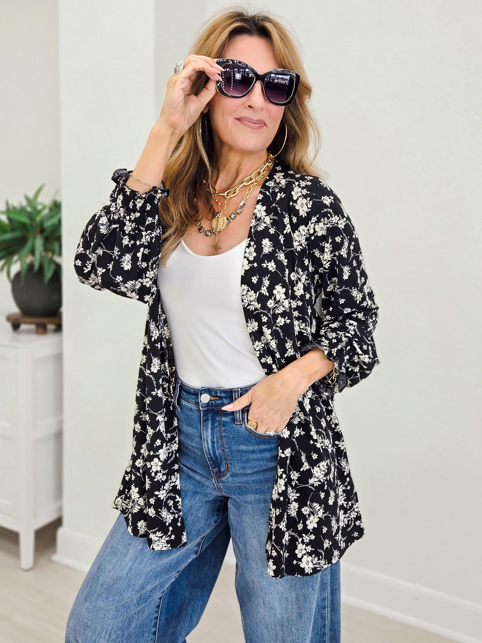 Floral Open Front Smocked Sleeve Flowy Cardigan