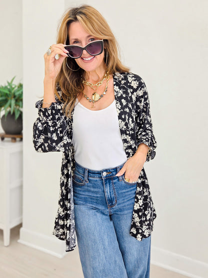 Floral Open Front Smocked Sleeve Flowy Cardigan