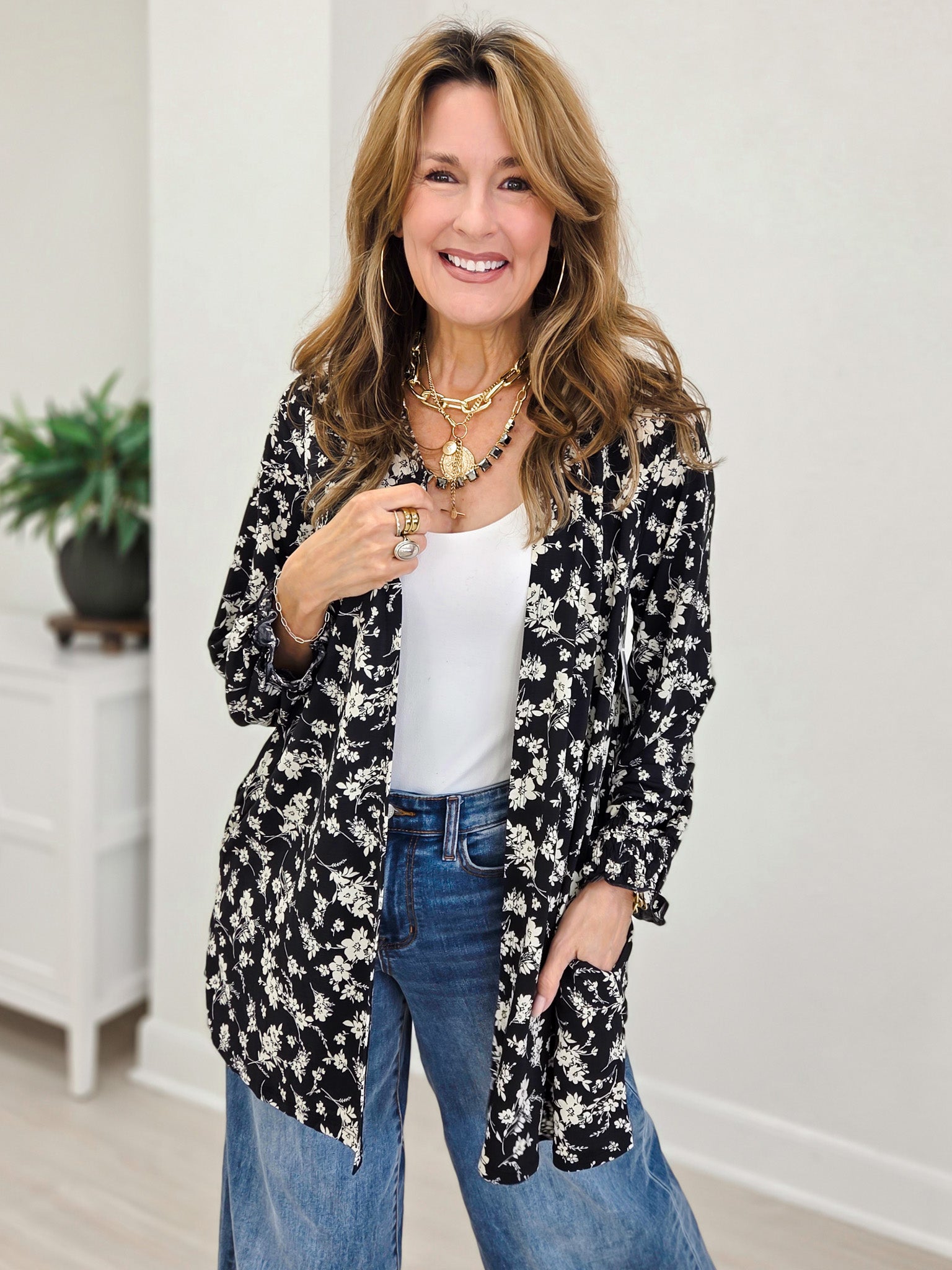 Floral Open Front Smocked Sleeve Flowy Cardigan