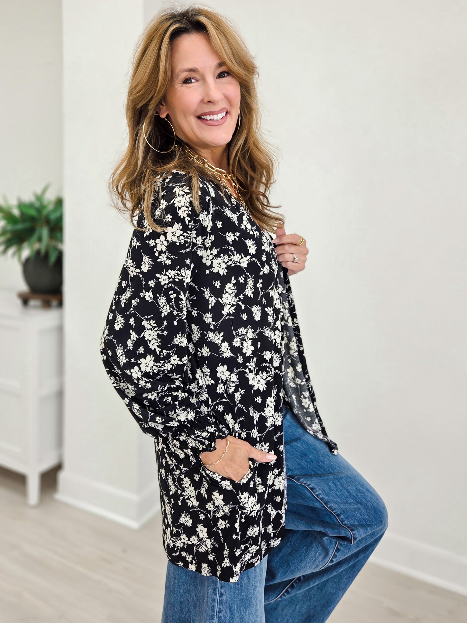 Floral Open Front Smocked Sleeve Flowy Cardigan