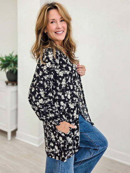 Floral Open Front Smocked Sleeve Flowy Cardigan