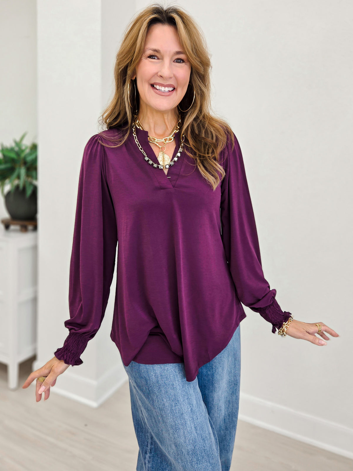 Smocked Long Sleeve Lizzy Blouse Top