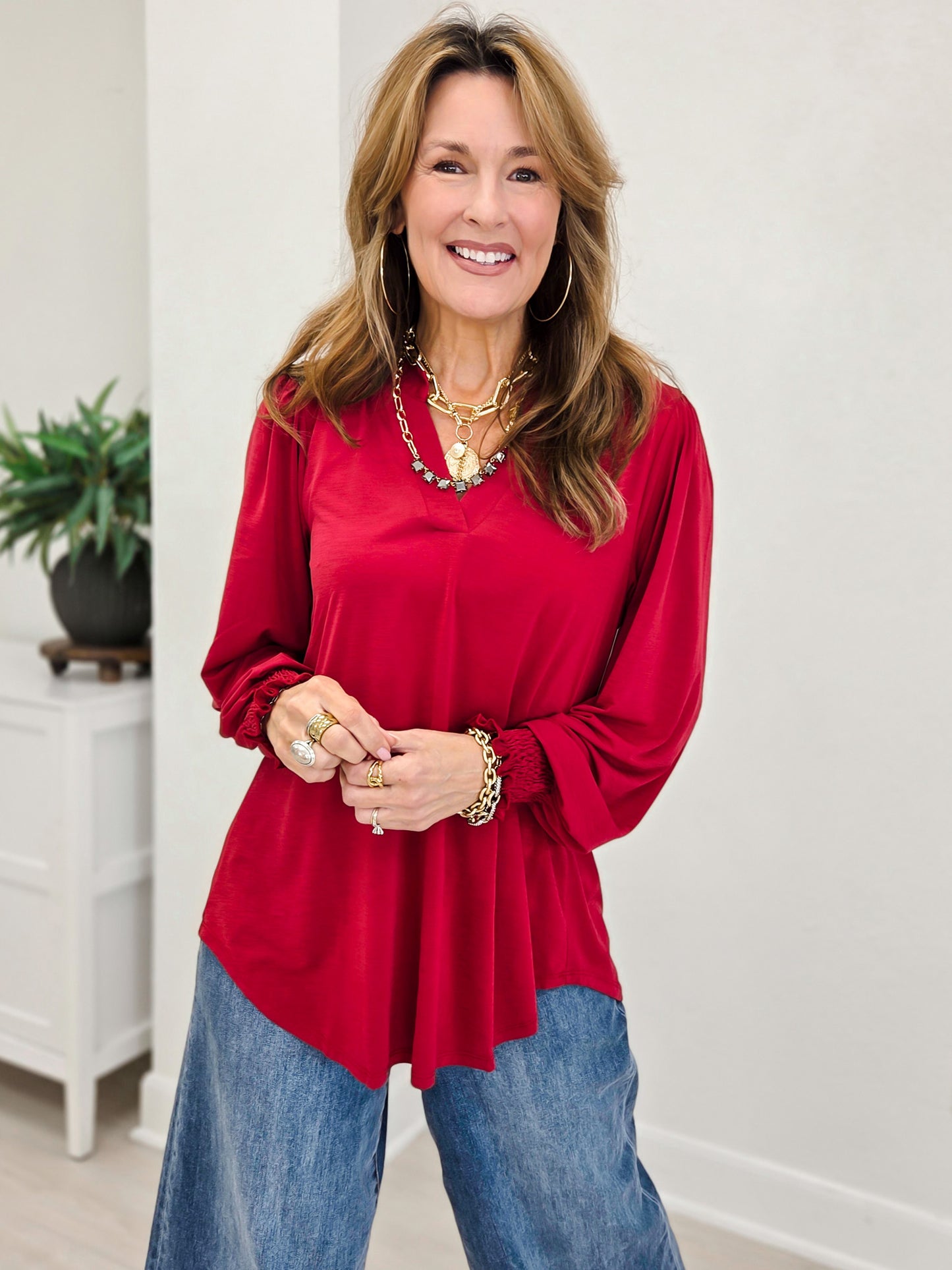 Jewel Red Smocked Long Sleeve Lizzy Blouse Top