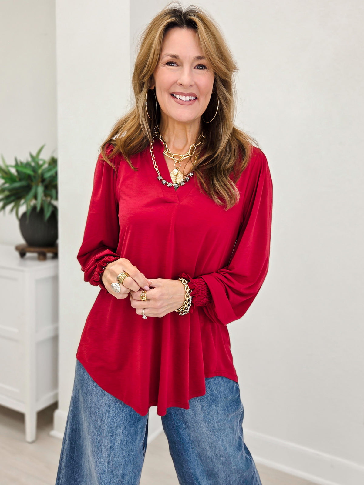 Jewel Red Smocked Long Sleeve Lizzy Blouse Top