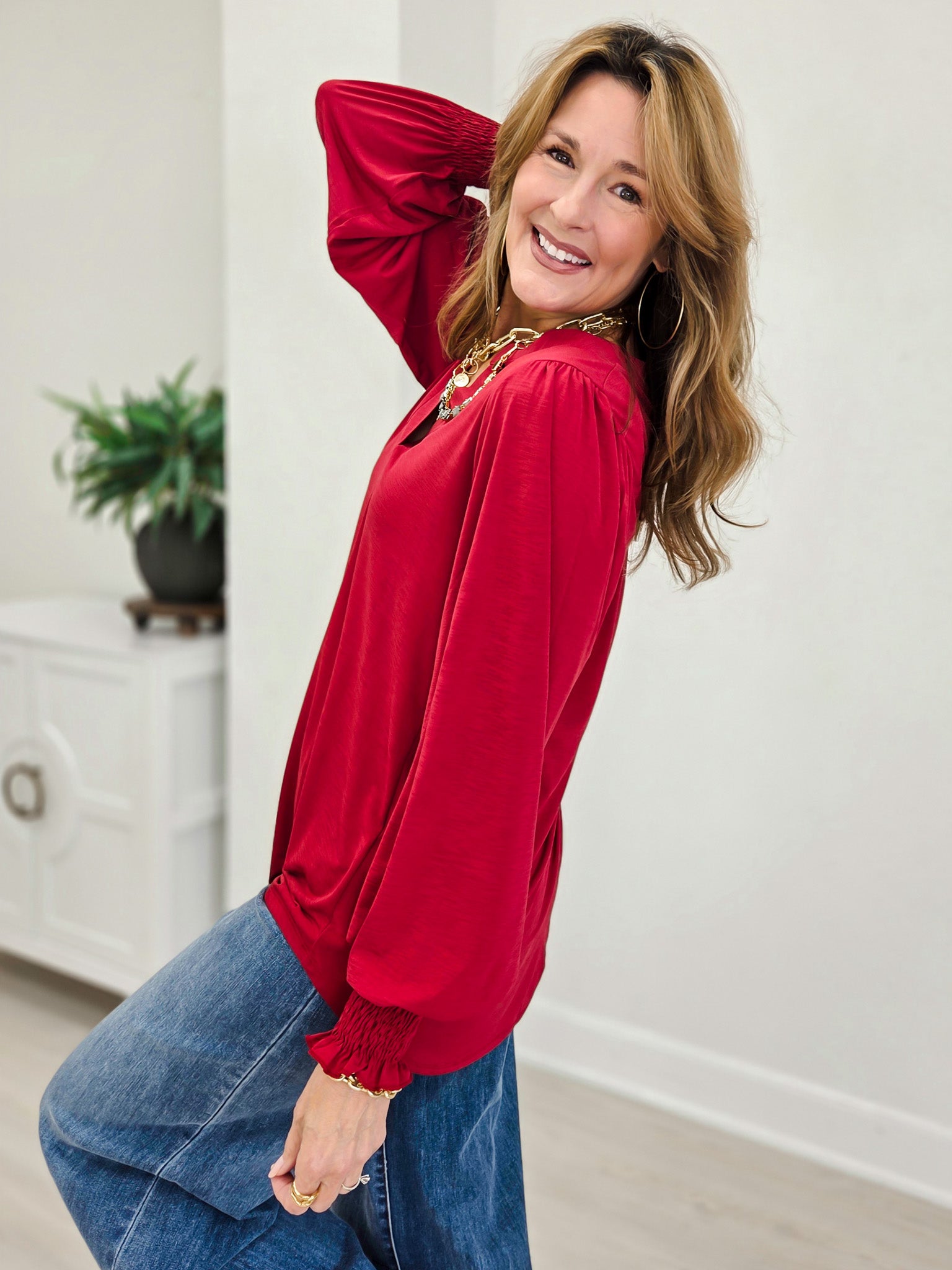 Jewel Red Smocked Long Sleeve Lizzy Blouse Top