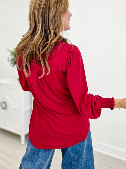 Jewel Red Smocked Long Sleeve Lizzy Blouse Top