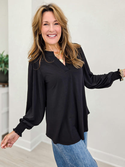 Timeless Lizzy Neckline Blouse With Smocked Long Sleeves