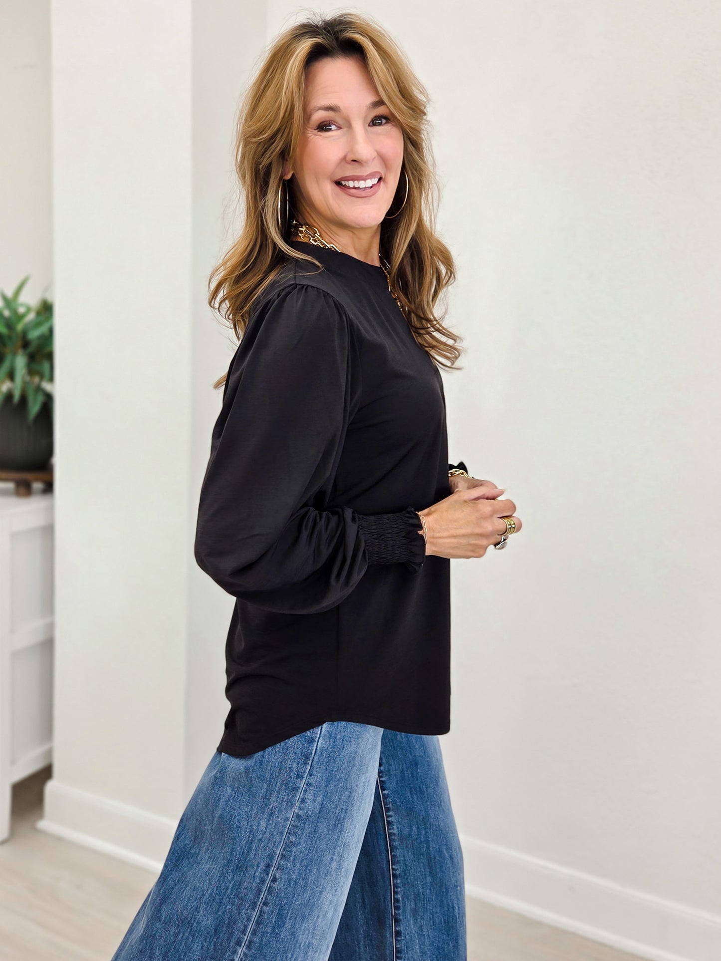 Timeless Lizzy Neckline Blouse With Smocked Long Sleeves