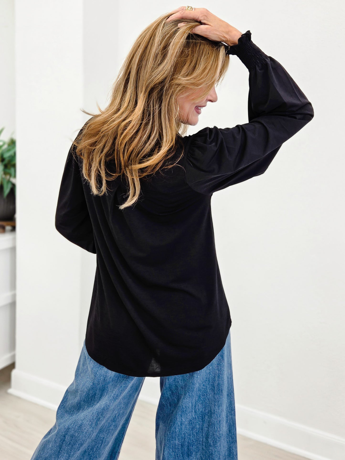 Timeless Lizzy Neckline Blouse With Smocked Long Sleeves