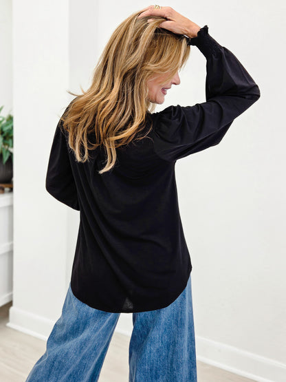 Timeless Lizzy Neckline Blouse With Smocked Long Sleeves