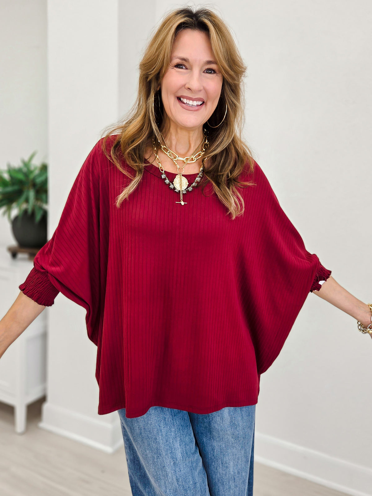Oversized Poncho Blouse-Wine