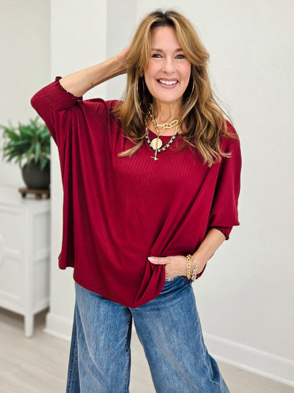 Oversized Poncho Blouse-Wine