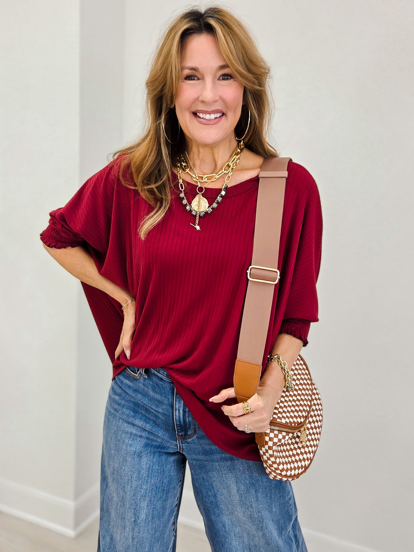 Oversized Poncho Blouse-Wine