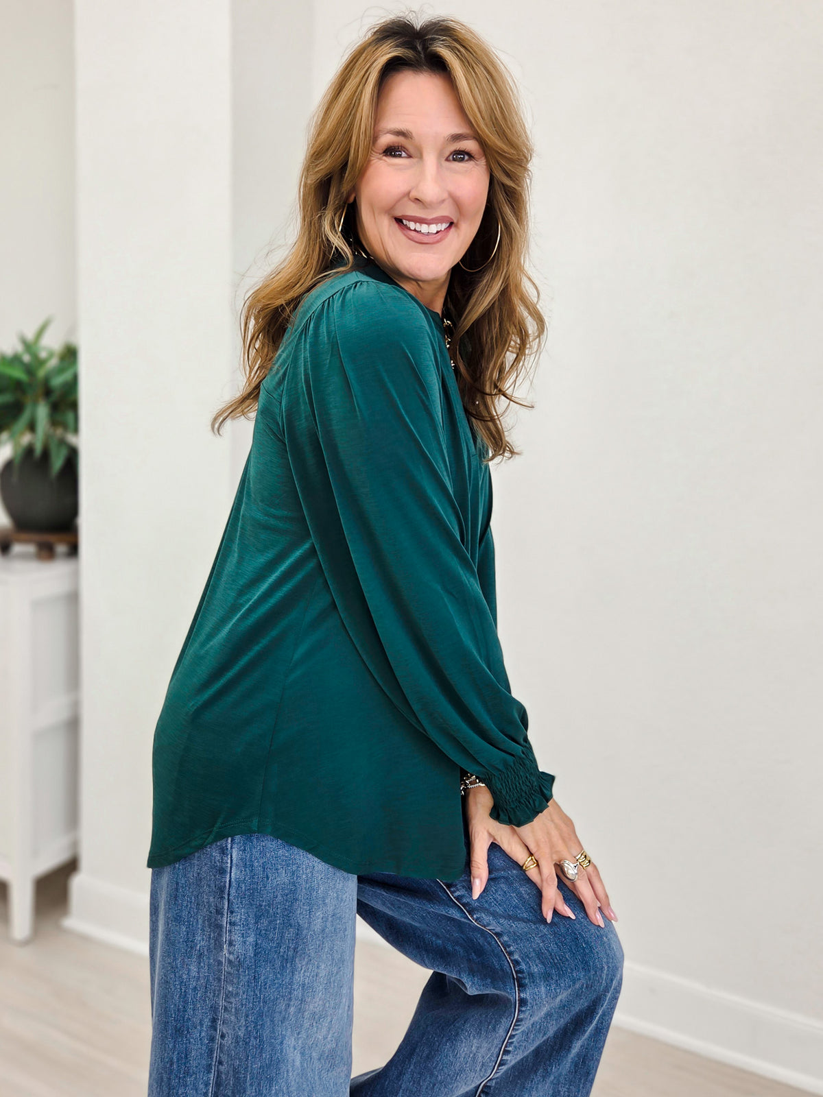 Jewel Green Smocked Long Sleeve Lizzy Blouse Top