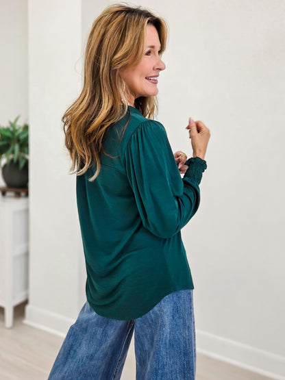 Jewel Green Smocked Long Sleeve Lizzy Blouse Top