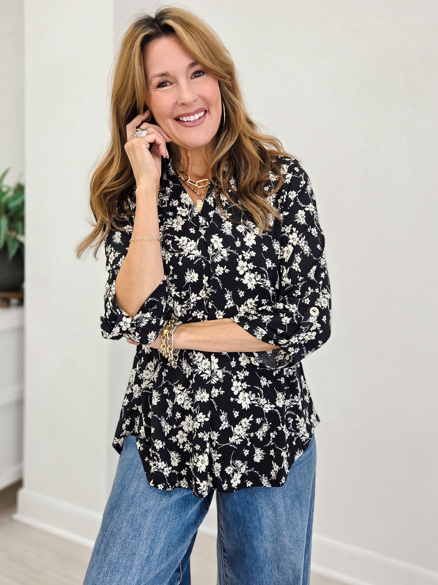 Black Floral Ruffled Collar Lizzy 3/4 Sleeve Lightweight Blouse