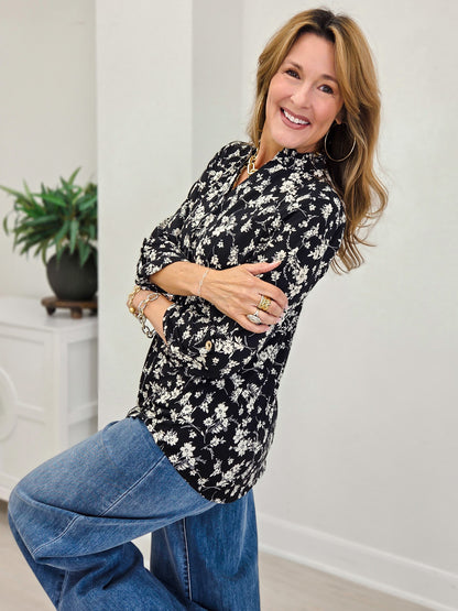 Black Floral Ruffled Collar Lizzy 3/4 Sleeve Lightweight Blouse