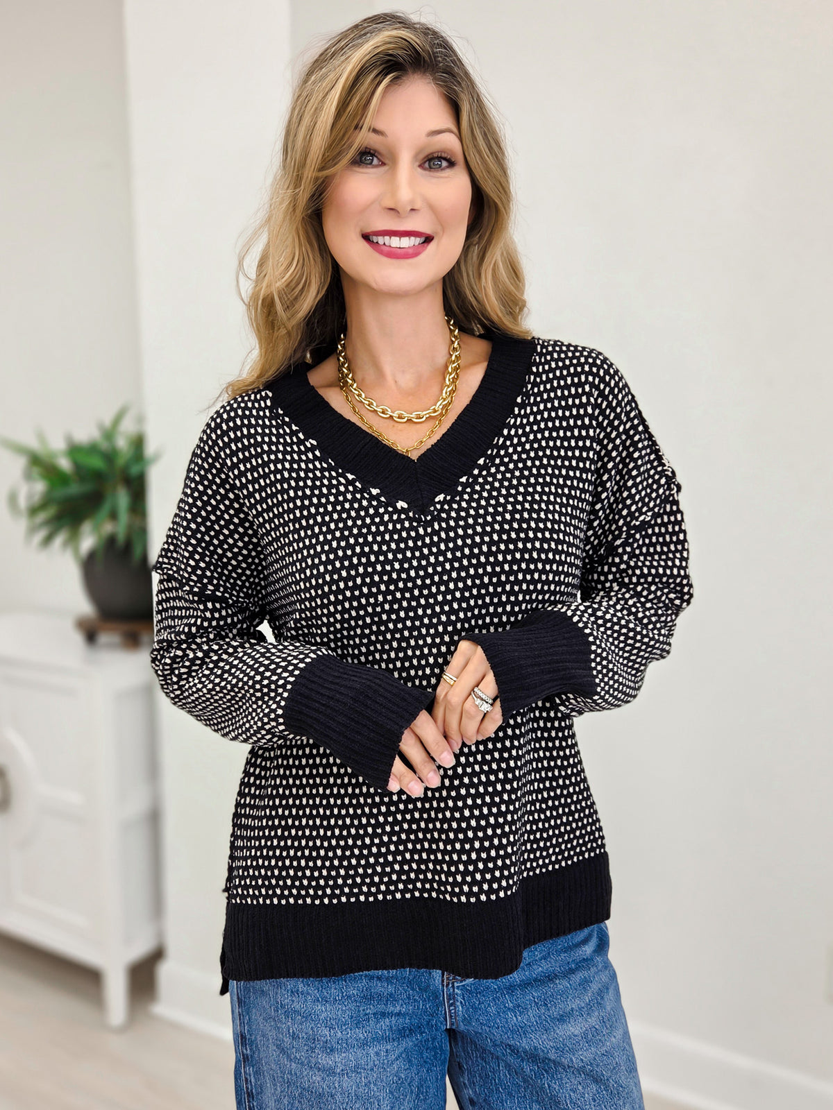 Contrast Stitch V Neck Sweater