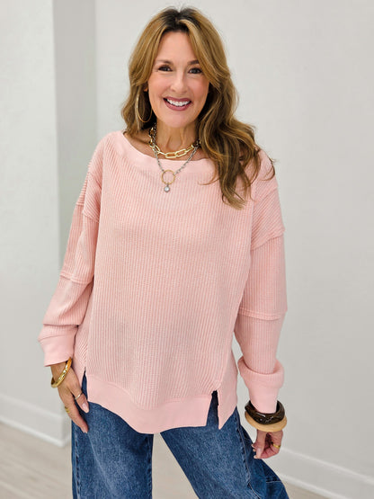 Long Sleeve Boat Neck Waffle Knit Top