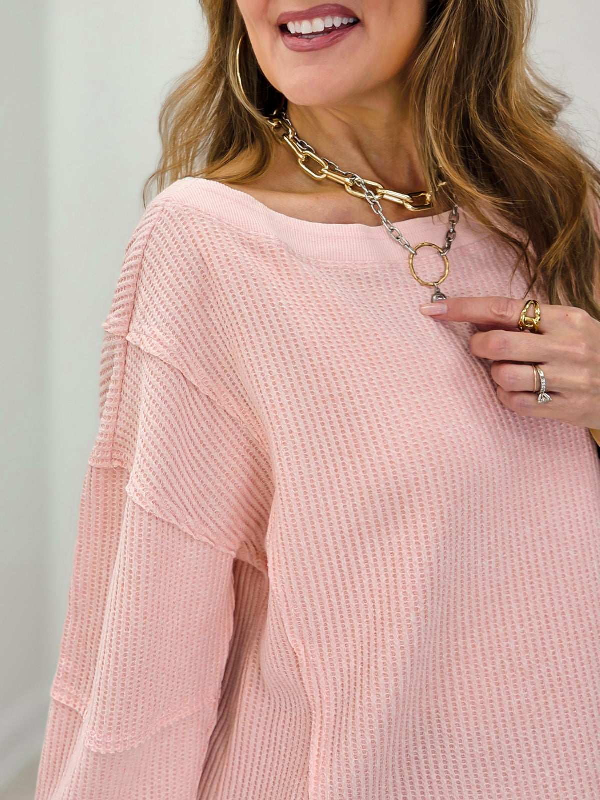 Long Sleeve Boat Neck Waffle Knit Top