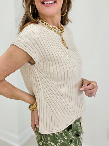 Ribbed Cap Sleeve Top with Rolled Trim