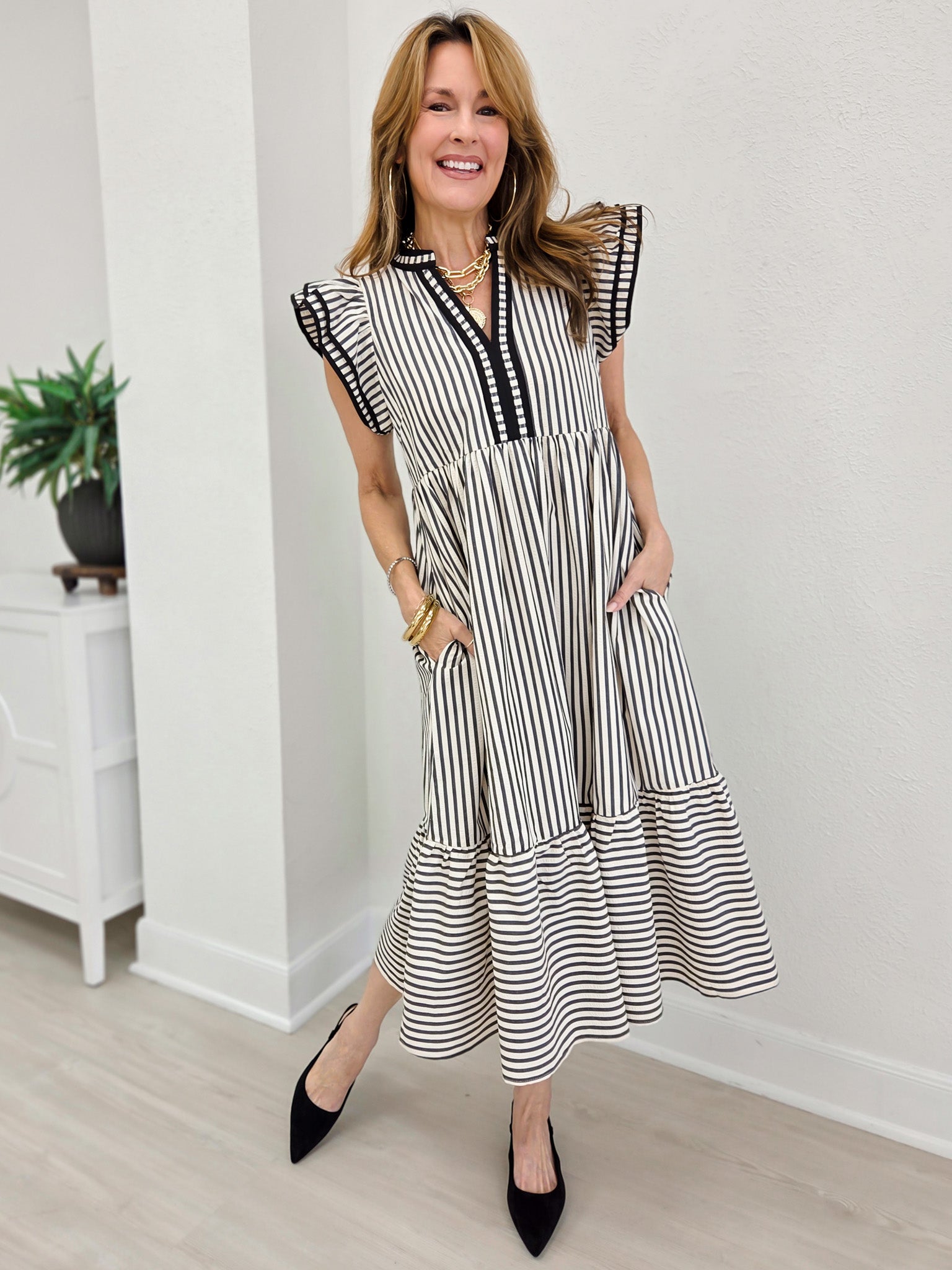 Vertical Stripe Flutter Sleeve Tiered Midi Dress
