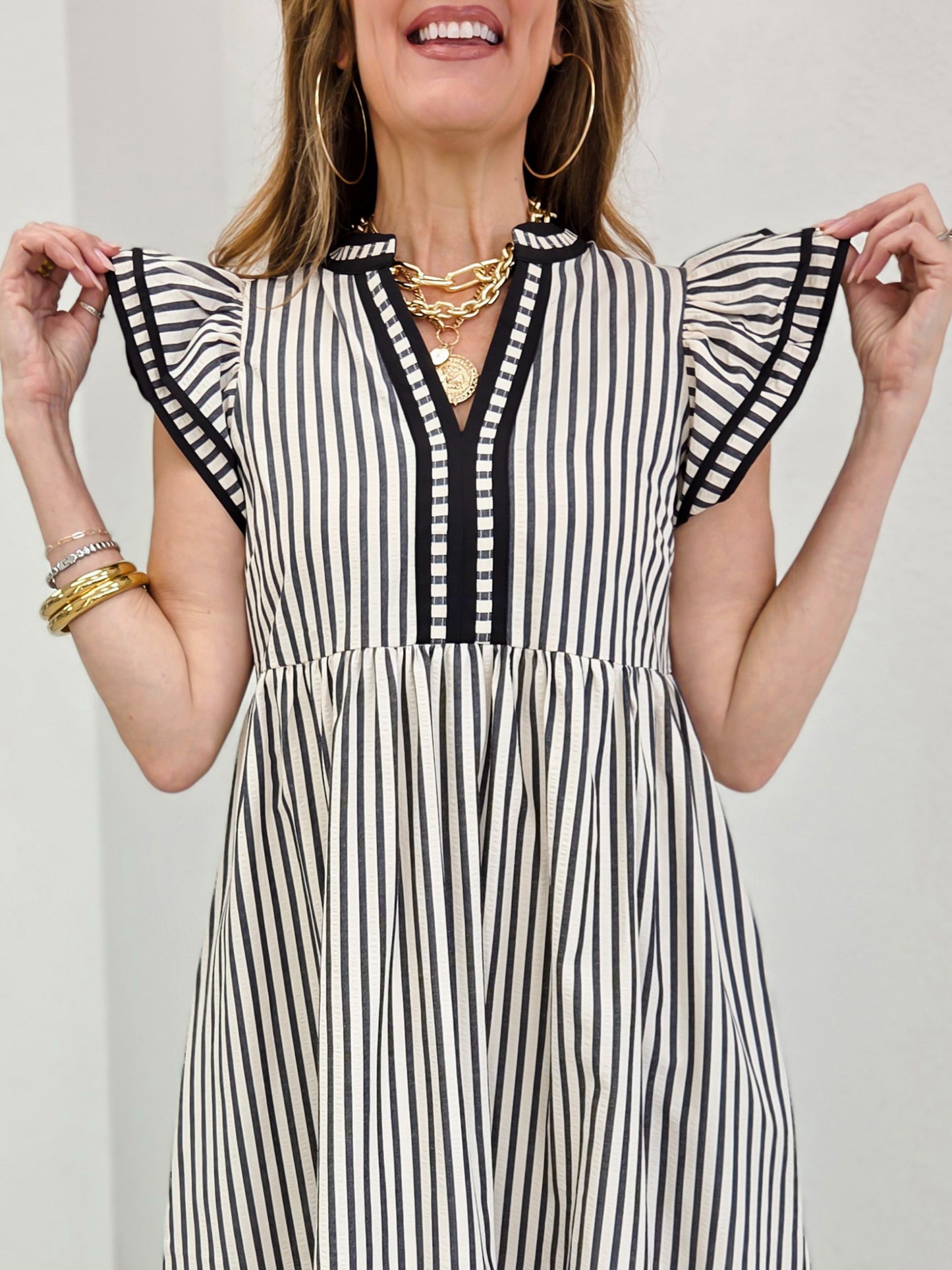 Vertical Stripe Flutter Sleeve Tiered Midi Dress