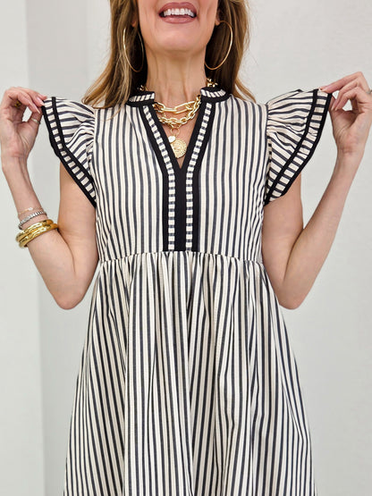 Vertical Stripe Flutter Sleeve Tiered Midi Dress