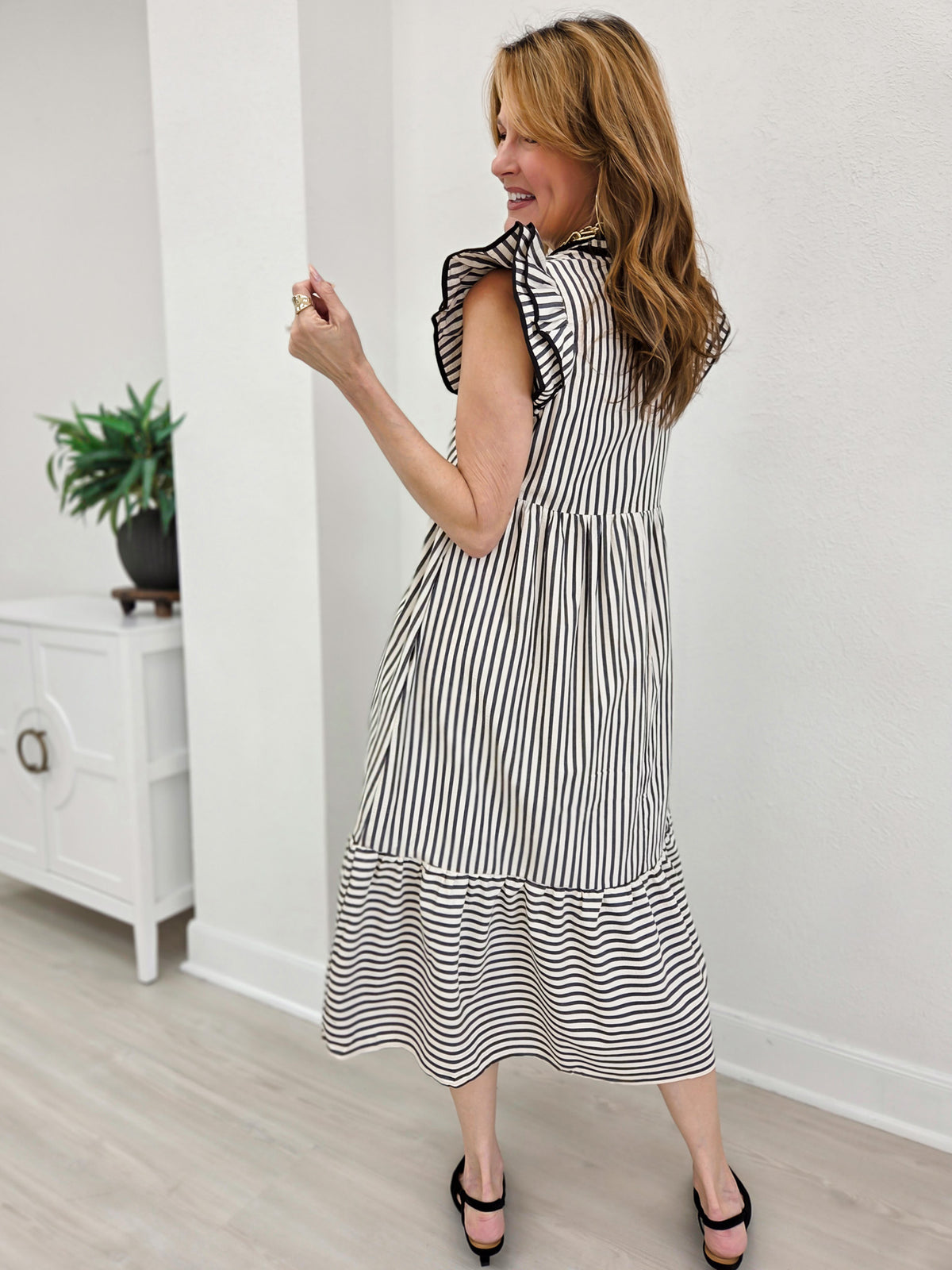 Vertical Stripe Flutter Sleeve Tiered Midi Dress