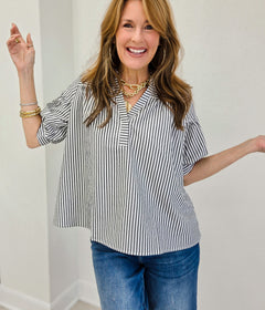Striped Blouse with Banded Split Neckline
