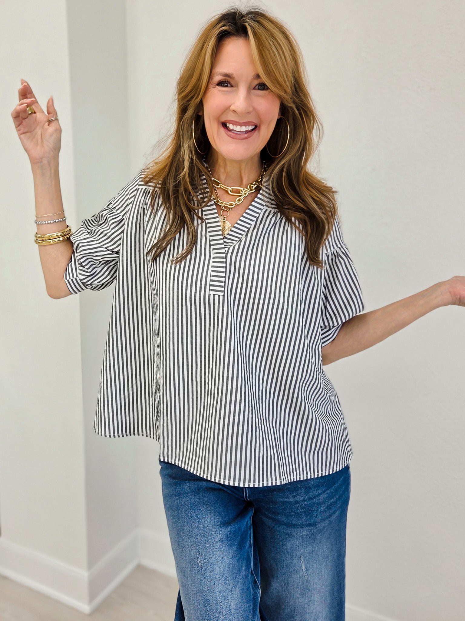 Striped Blouse with Banded Split Neckline