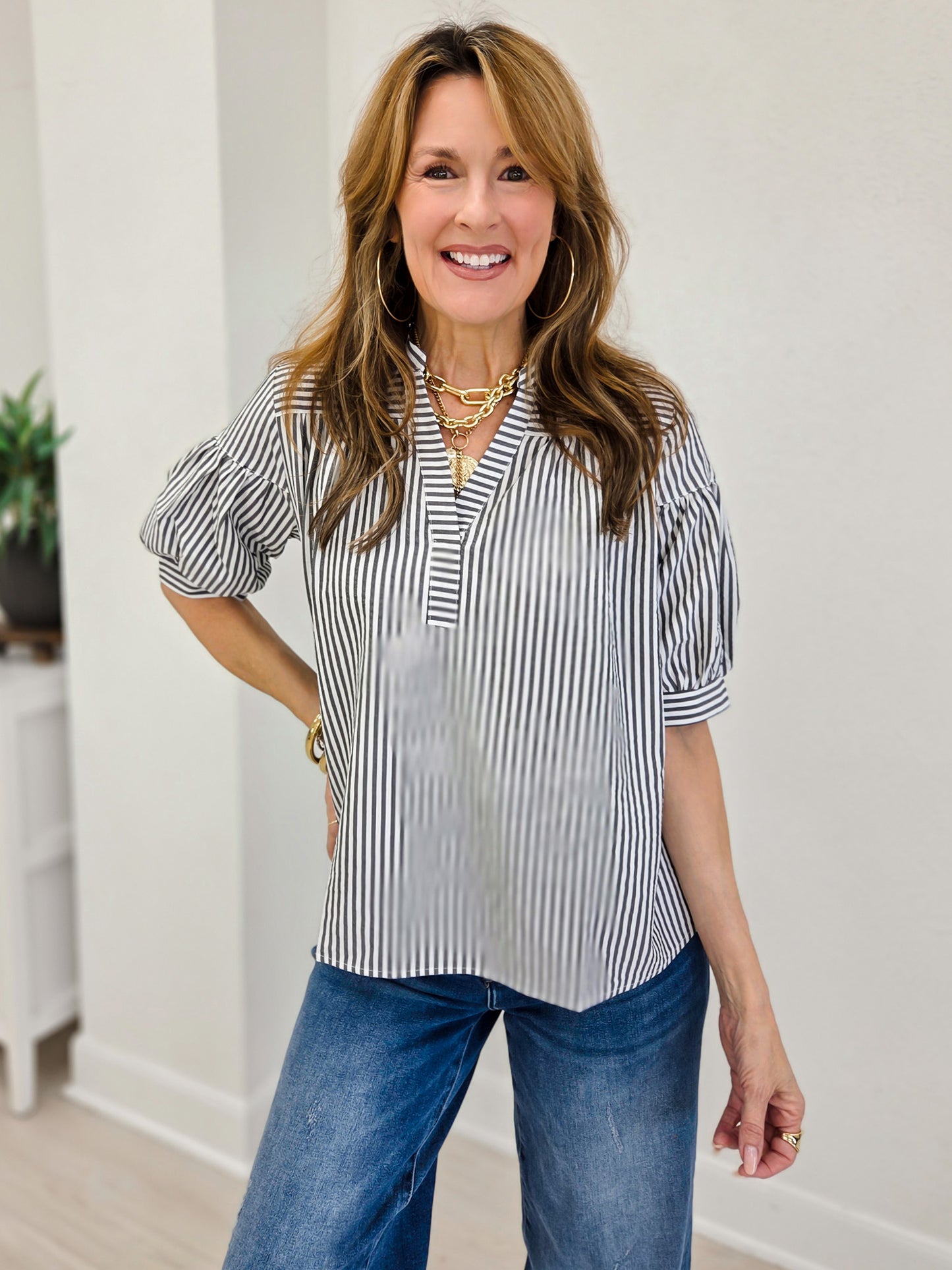 Striped Blouse with Banded Split Neckline