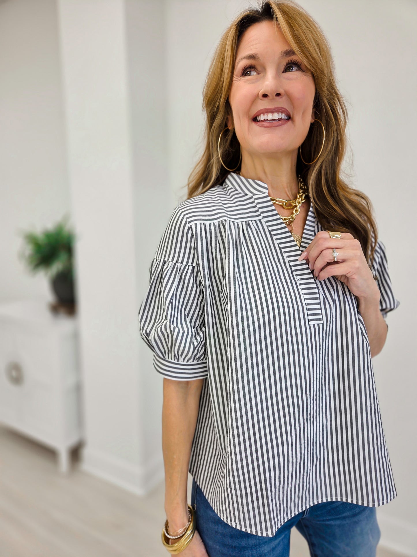 Striped Blouse with Banded Split Neckline