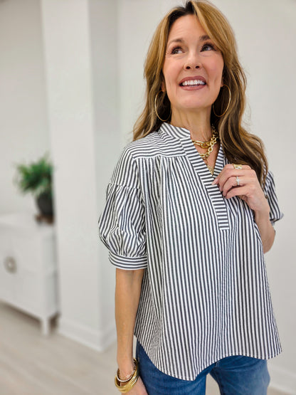 Striped Blouse with Banded Split Neckline