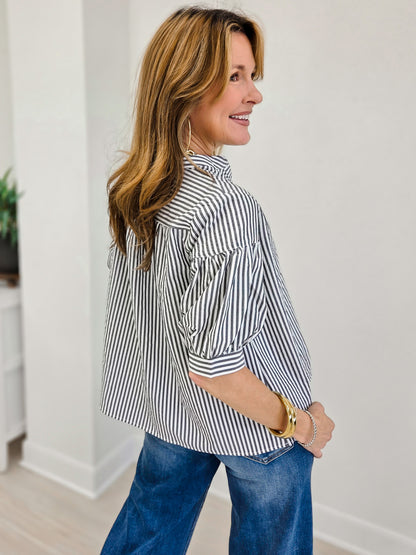 Striped Blouse with Banded Split Neckline