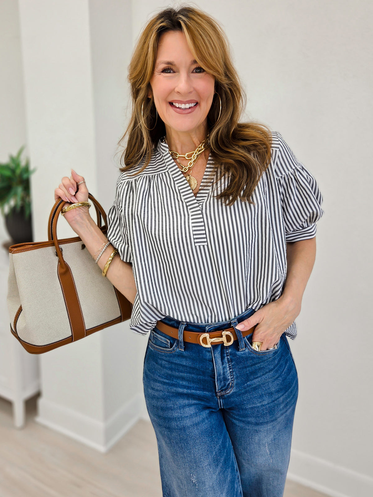 Striped Blouse with Banded Split Neckline