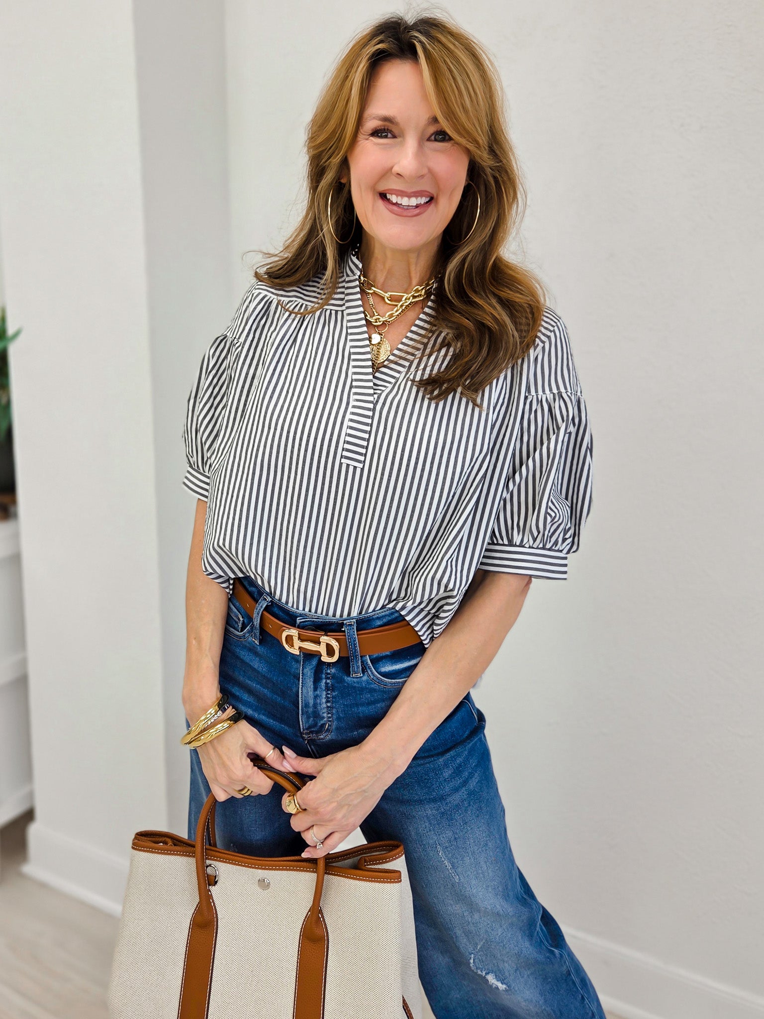 Striped Blouse with Banded Split Neckline